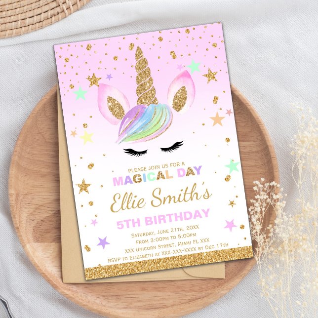 Convites Aniversário Dourado e personalizável da Glitter Un (Gold Glitter Unicorn Party Invitations)