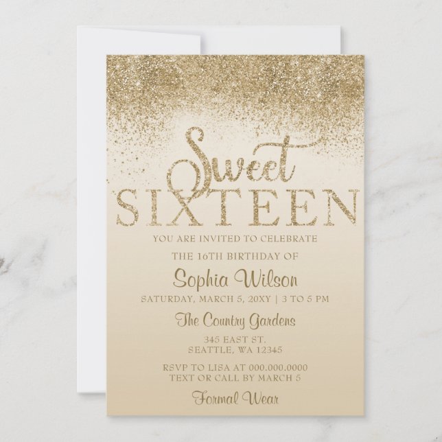 Convites Aniversário Dourado Glitter Sparkle Sweet 16 (Frente)