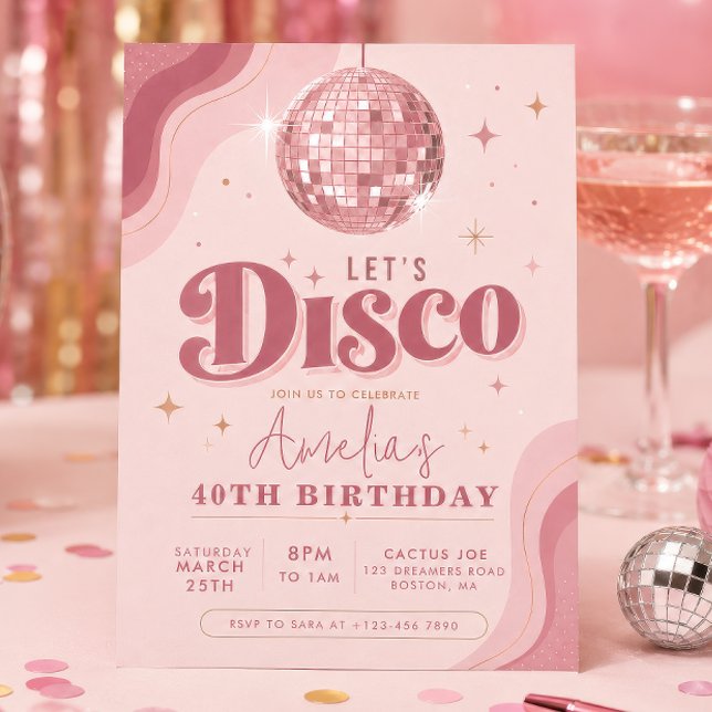 Convites Aniversário Dourado Rosa Disco Retro (Criador carregado)