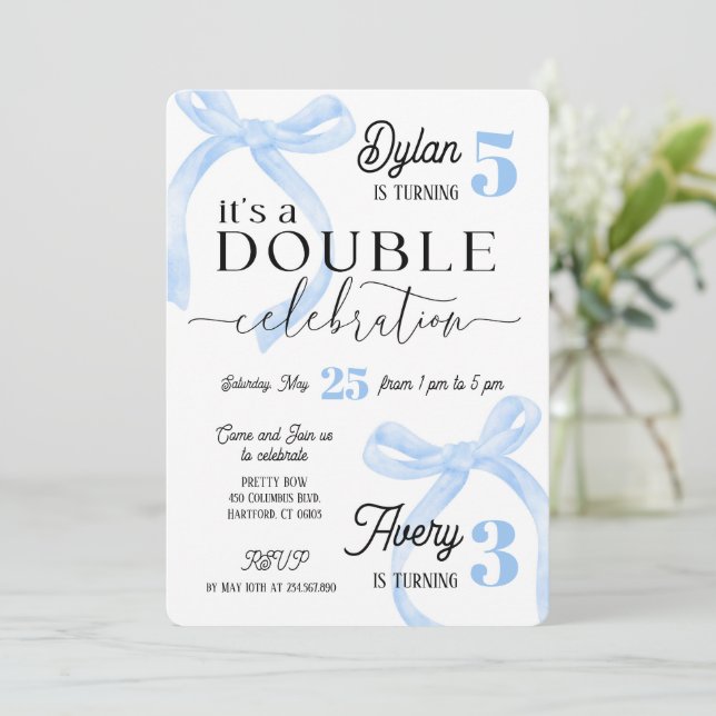 Convites Aniversário Duplo de Irmãos Azul Coquette (Em pé/Frente)
