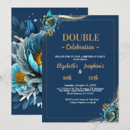 Convites aniversário duplo floral da Turquoise Dourada