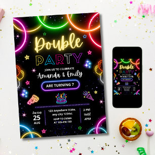 Convites Aniversário Duplo Gêmeos Neon Irmãos Aniversário G