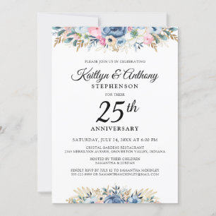 Convites Aniversário elegante Aquarela Azul Floral Dourado