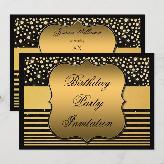 Convites Aniversário Elegante com Pontos e Listras Pretas e (Frente/Verso)
