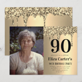 Convites Aniversário Elegante de 90 anos Drip Gold 