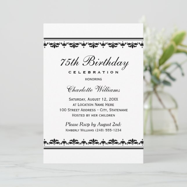 Convites Aniversário Elegante Preto e Branco Damask (Em pé/Frente)
