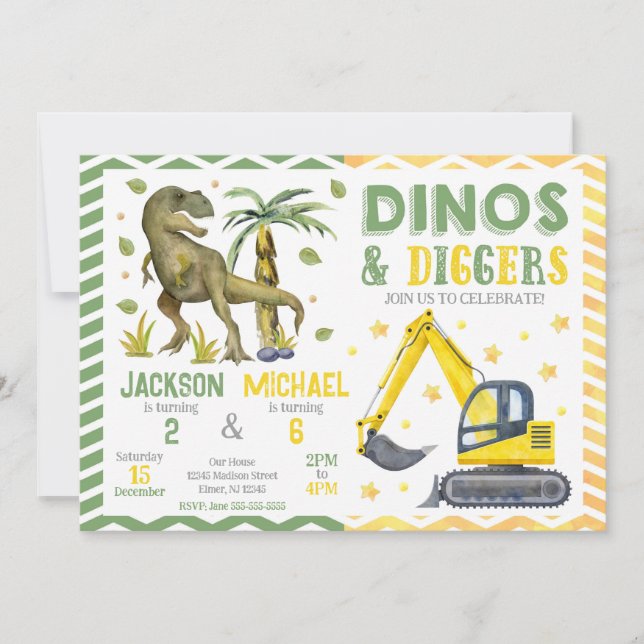 Convites Aniversário em Conjunto do Dinossauro e da Constru (Frente)