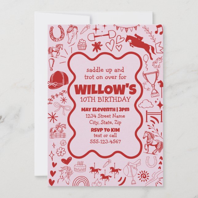 Convites Aniversário Equestre Única de Cavalo Rosa (Frente)