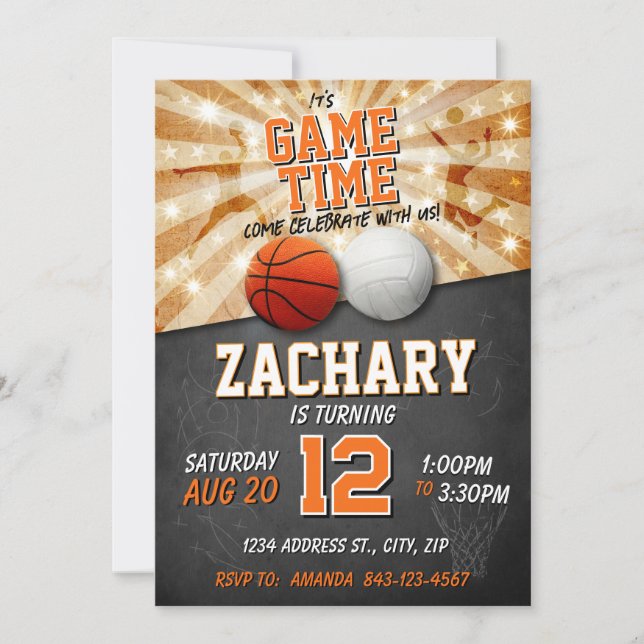 Convites Aniversário Esportivo de Futebol de Basquete e Vol (Frente)