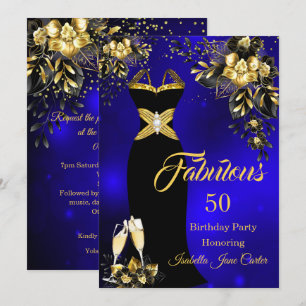 Convites Aniversário Fabuloso Champanhe Azul Dourado Floral