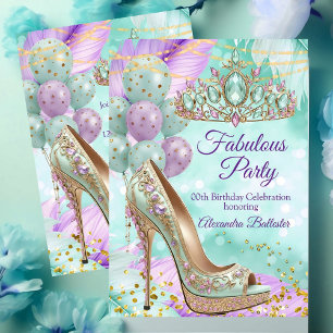 Convites Aniversário fabuloso Lilac Teal Tiara Salto Dourad