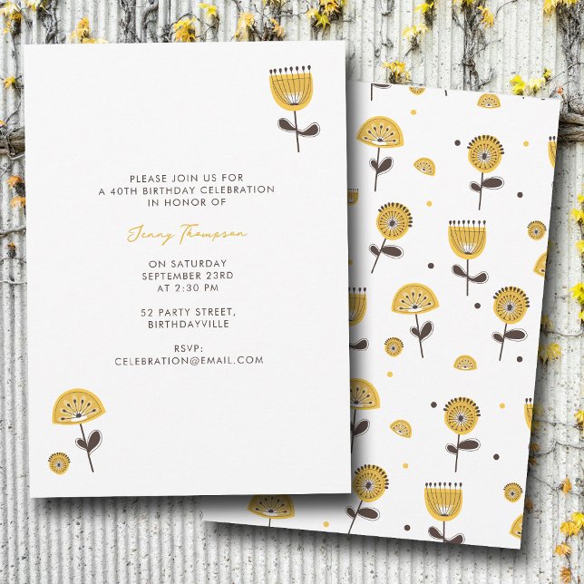Convites Aniversário Floral Amarelo Moderno do meio século (Mid Century Modern Yellow Floral Birthday Invitation)