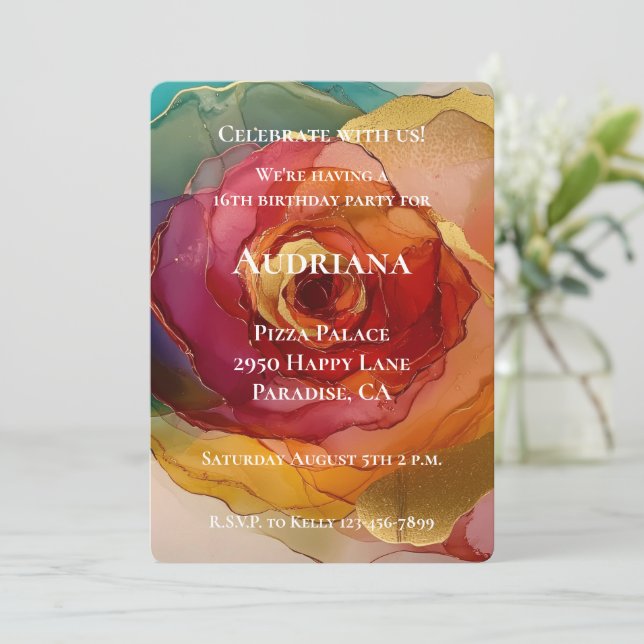 Convites Aniversário Floral Amarelo-rosa cor-de-rosa (Em pé/Frente)