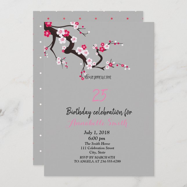 Convites Aniversário floral branco cor-de-rosa da cerejeira (Frente/Verso)