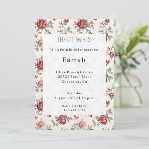 Convites Aniversário Floral Creme Vermelho Chic Bonito