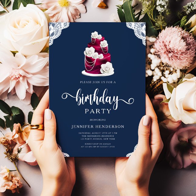 Convites Aniversário Floral da Borboleta Azul-Marinho Elega (Elegant Navy Blue Burgundy Floral Birthday Invitation)