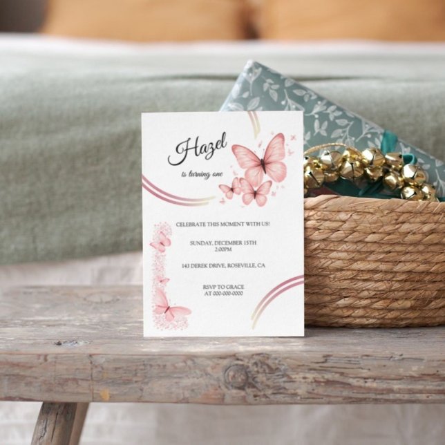 Convites Aniversário Floral da Borboleta Rosa Escamuflada E (Butterfly Girl 1st Birthday Invitation)