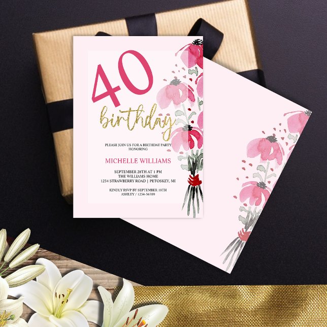 Convites Aniversário Floral da Caligrafia Dourada Elegante (Criador carregado)