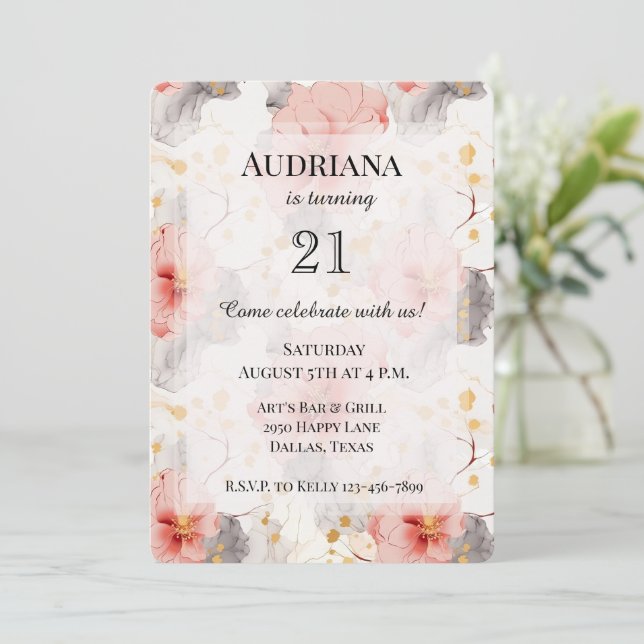 Convites Aniversário Floral da Cinza Blush Coral (Em pé/Frente)