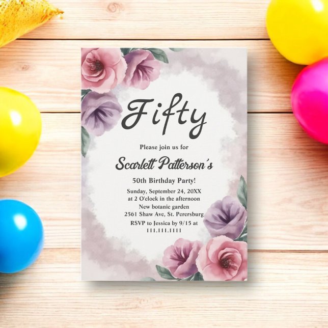 Convites Aniversário Floral de Cor da Água Púrpura Elegante (Criador carregado)