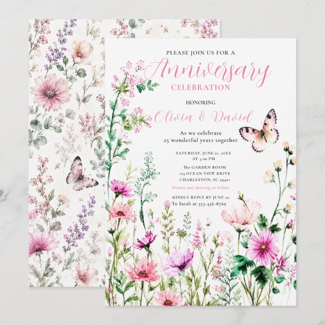 Convites Aniversário Floral de Flor Silvestre Rosa (Frente/Verso)