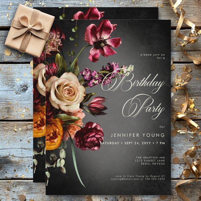 Convites Aniversário Floral de outono de Outono Escuro Eleg (Dark Elegant Blur Autumn Floral Birthday Invitation)