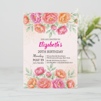 Convites Aniversário Floral de Peônia Rosa em Aquarela