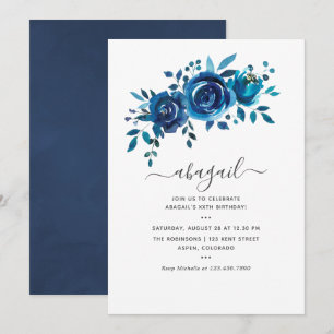 Convites Aniversário Floral em Aquarela Azul Marinho e Bran