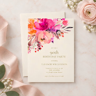 Convites Aniversário Floral em Aquarela Rosa Brilhante Eleg