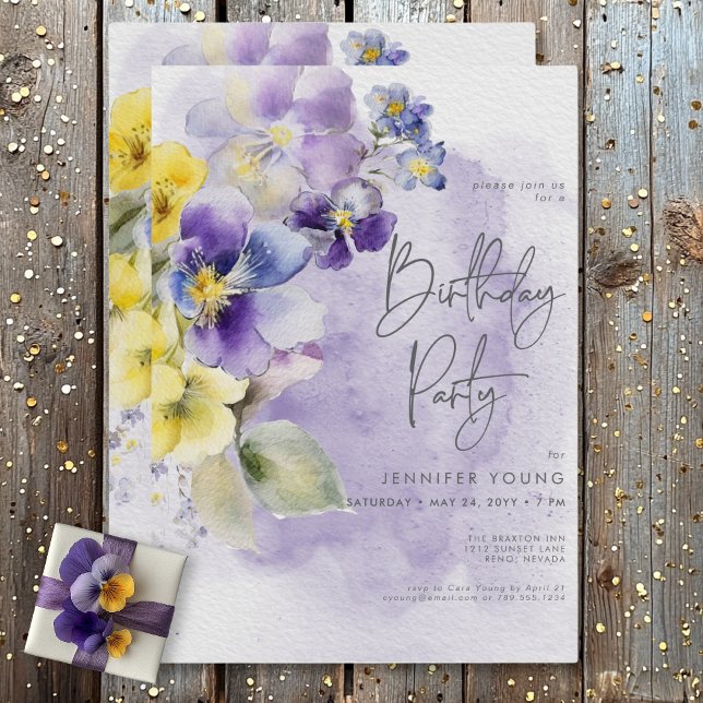 Convites Aniversário Floral Moderno Púrpura e Amarela (Purple & Yellow Floral Modern Birthday Invitation)