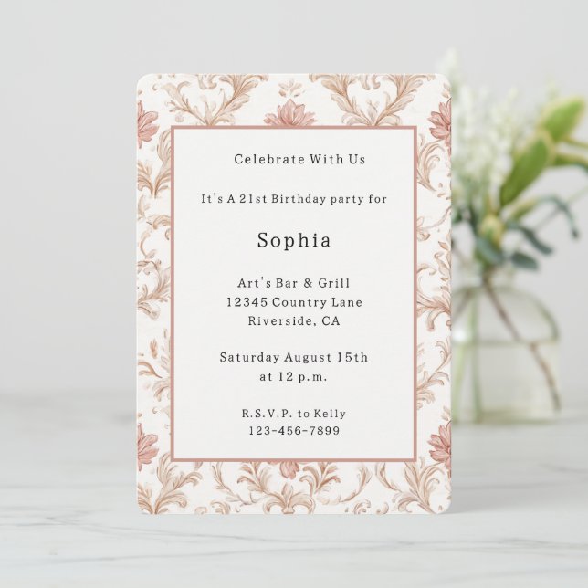 Convites Aniversário Floral Rosa Creme Branco (Em pé/Frente)