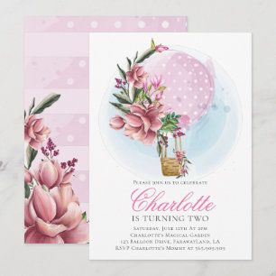 Convites Aniversário Floral Rosa de Balão de Ar Quente