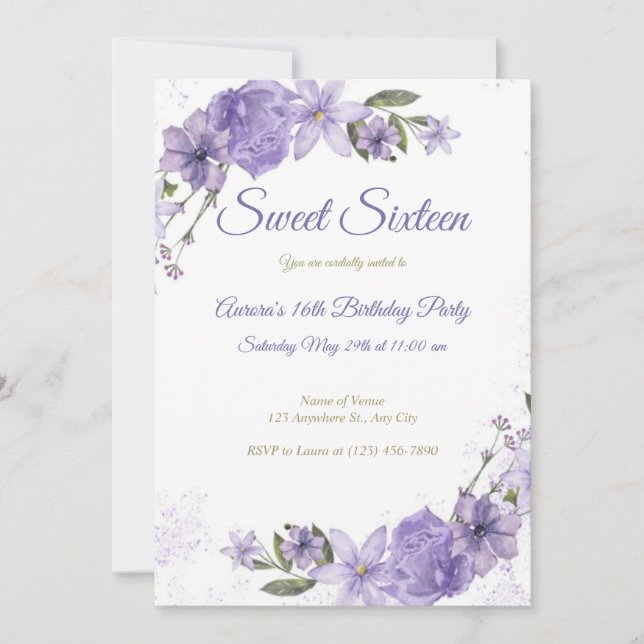 Convites Aniversário Floral Roxo (Frente)