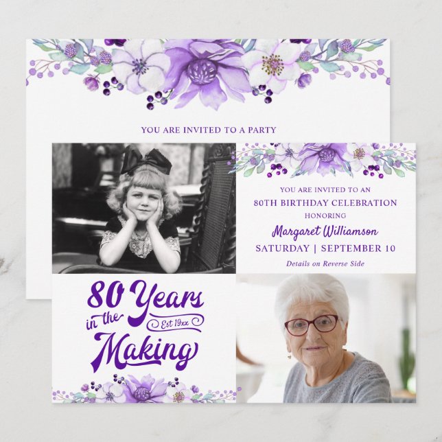 Convites Aniversário Floral Roxo ANOS EM ELABORAÇÃO (Frente/Verso)