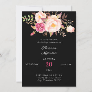 Convites Aniversário Floral Sanguíneo - Cor-de-rosa - Preto