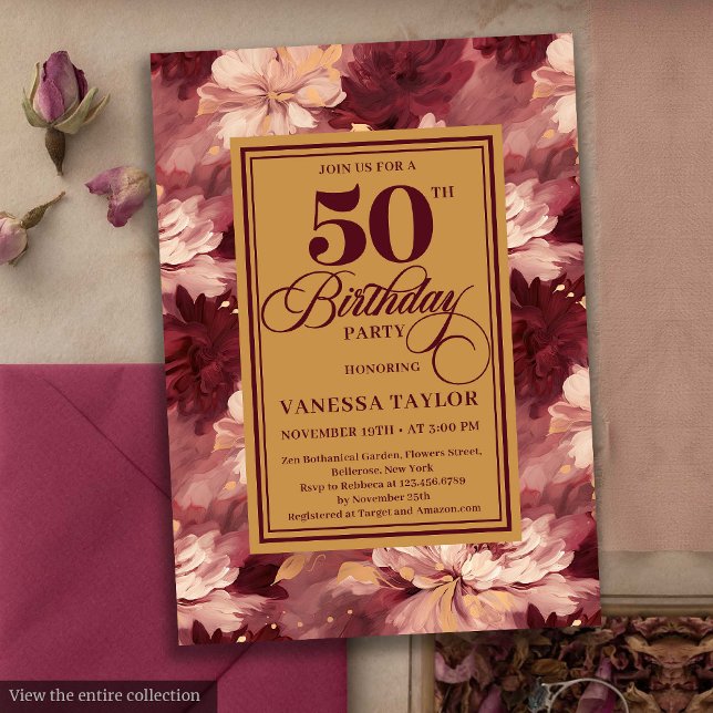 Convites Aniversário floral sofisticado do merlot blush gol (Sophisticated merlot blush gold floral birthday invite

)