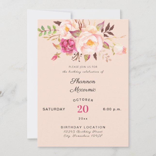 Convites Aniversário Floral Sorrente e Rosa Blush (Frente)