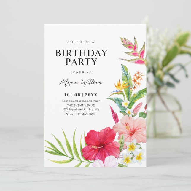 Convites Aniversário floral tropical (Em pé/Frente)