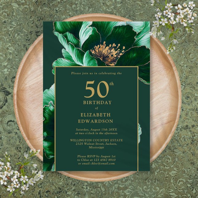 Convites Aniversário Floral Verde Esmeralda e Dourado (Emerald Green And Gold Floral Birthday Invitation)