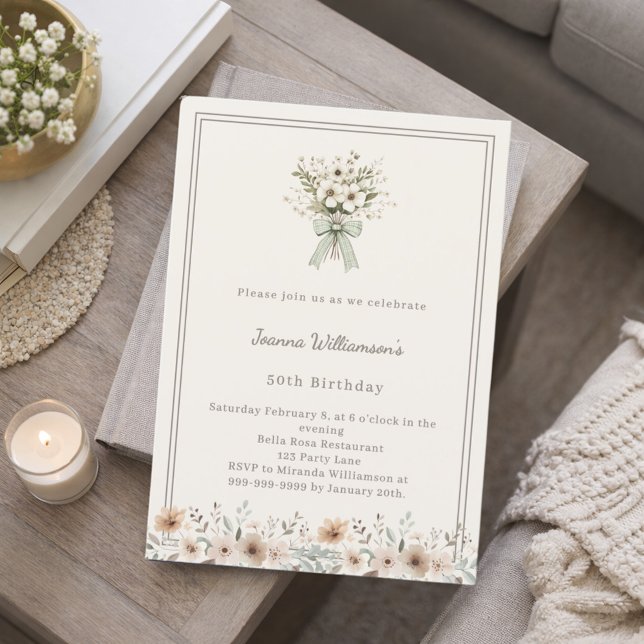 Convites Aniversário floral verde marfim suave (Criador carregado)