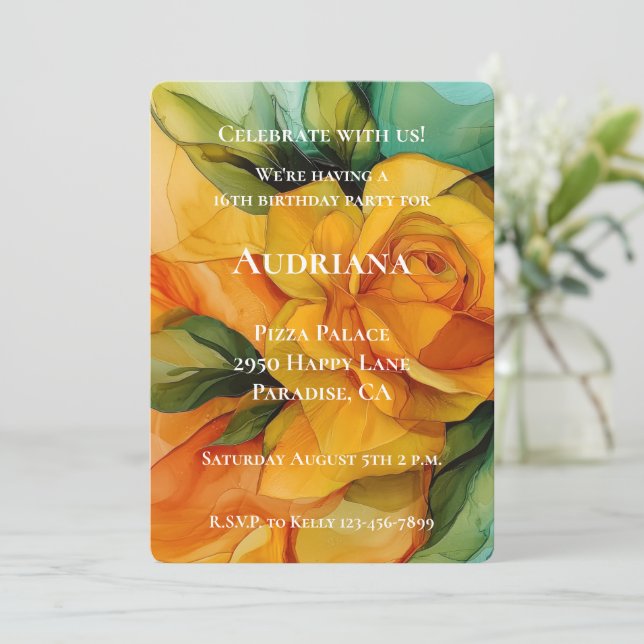 Convites Aniversário Floral Verde rosa amarelo (Em pé/Frente)