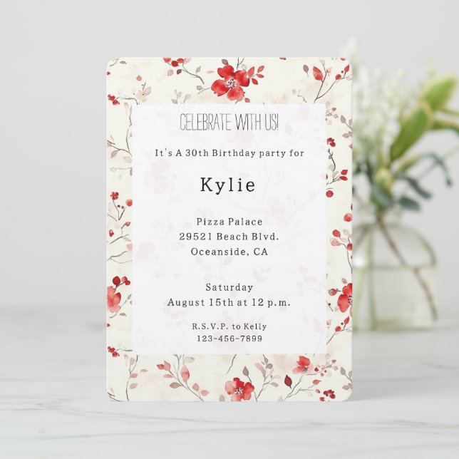 Convites Aniversário Floral Vermelho Creme   (Em pé/Frente)