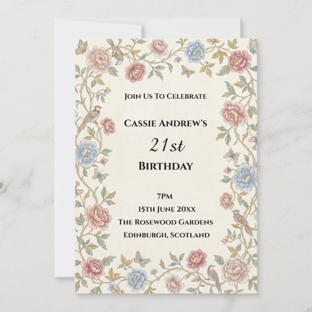 Convites Aniversário Floral Vintage de Data Específica (Frente)