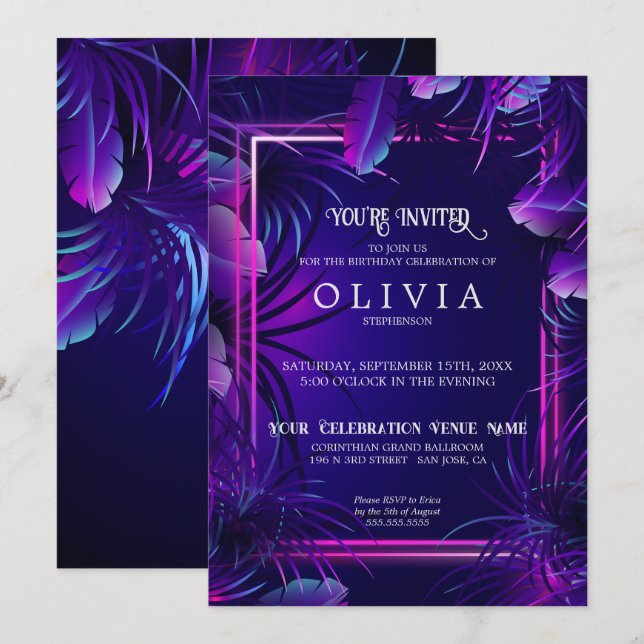 Convites Aniversário | Folhagem Tropical de Neon Roxo (Frente/Verso)