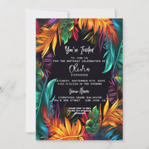 Convites Aniversário Folhagem Tropical Neon em Negrito