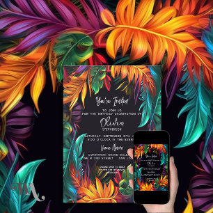 Convites Aniversário Folhagem Tropical Neon em Negrito