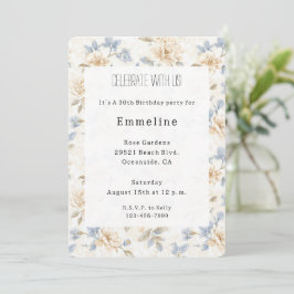 Convites Aniversário Folhas Azuis Florais Creme Romântico
