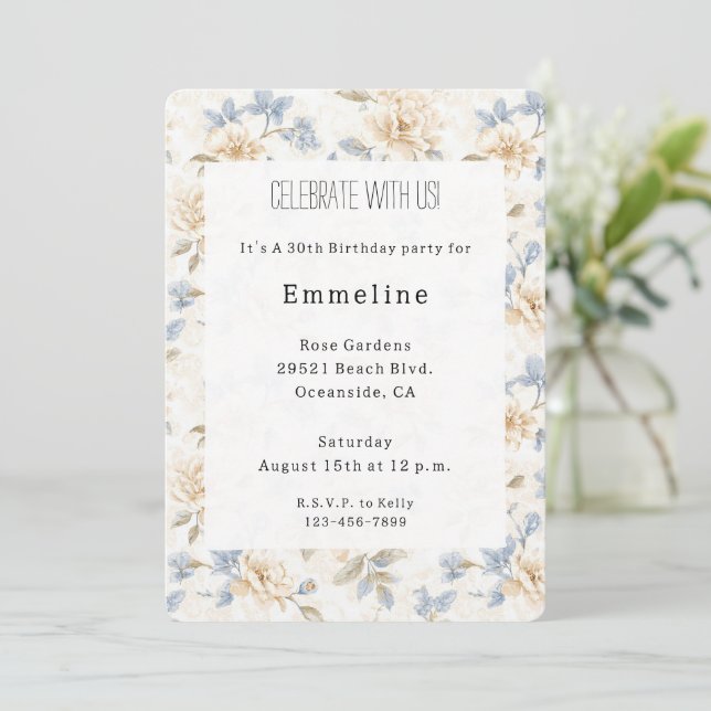 Convites Aniversário Folhas Azuis Florais Creme Romântico (Em pé/Frente)