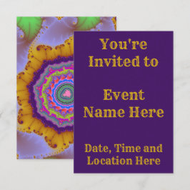Convites Aniversário Fractal Colorido Dourado e Roxo