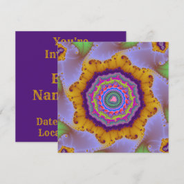 Convites Aniversário Fractal Colorido Dourado e Roxo